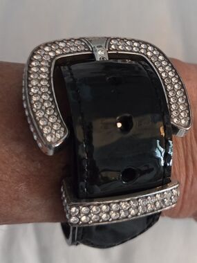 Black Crystal-Accented Leather Strap Bracelet